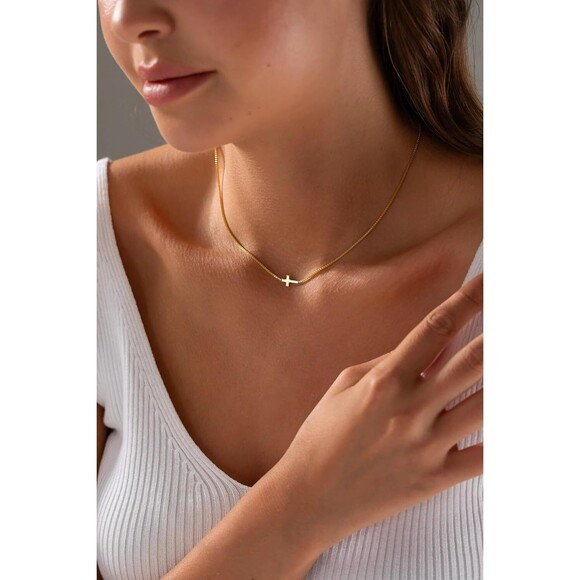 Cross Necklace 14K Gold Plated Dainty Minimalist Sideways Cross Pendant Chain - Picture 7 of 8